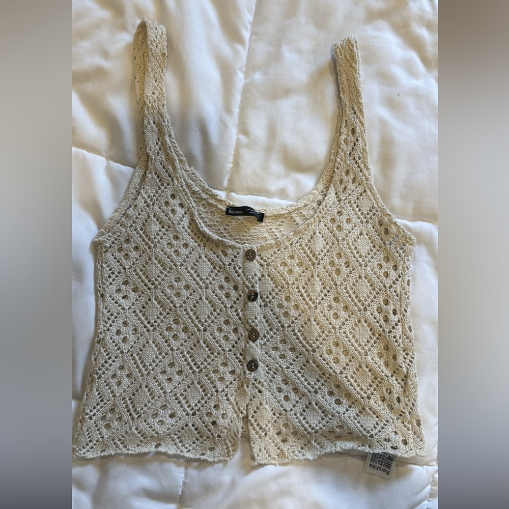 Bershka Beige Crochet Buttoned Tank Top